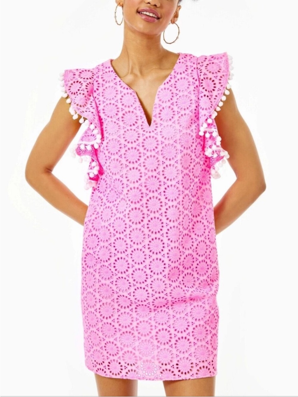 Lilly Pulitzer Astara dress in Prosecco Pink Neon Geo Eyelet Pom-Pom XXS